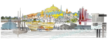 Dundee Waterfront panoramic print by Lindabee Draws Dundee featuring the V&A, RRS Discovery and waterfront promenade