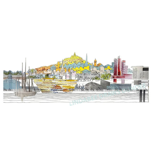 Dundee Waterfront panoramic print by Lindabee Draws Dundee featuring the V&A, RRS Discovery and waterfront promenade