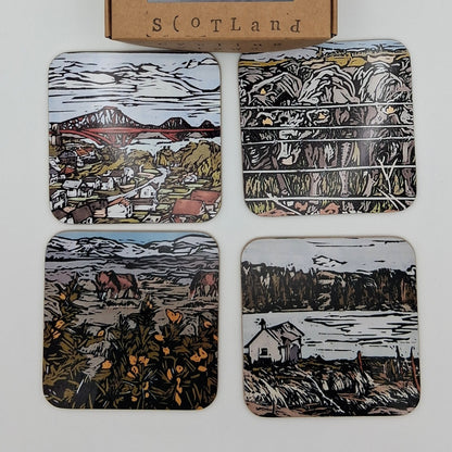 A set of four 'East Coast Scotland' square hardwood coasters, each displaying a different colourful print with BeeBirds' signature artwork, presented in a gift box.
