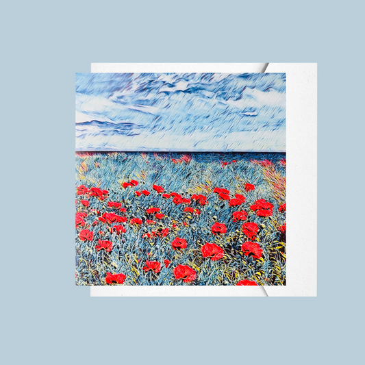 Elsie & Bella East Haven Poppies card featuring artwork reproduced from an original textile and embroidered wall hanging