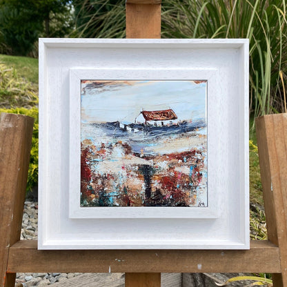 A ceramic tile print of a colourful painting titled 'Easter Cottage', showing a small house nestled in the Scottish Highlands, available mounted on natural slate or framed.