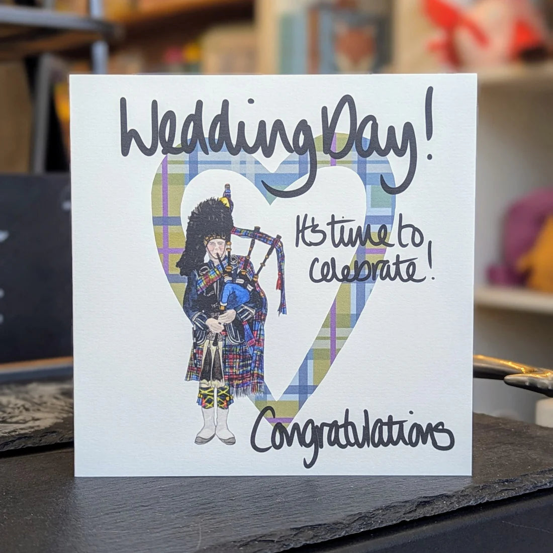 Scottish Card - Tartan Heart and Piper with 'Wedding Day It's time to celebrate Congratulations' by F&B