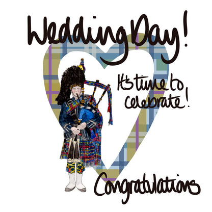 Scottish Card - Tartan Heart and Piper with 'Wedding Day It's time to celebrate Congratulations' by F&B