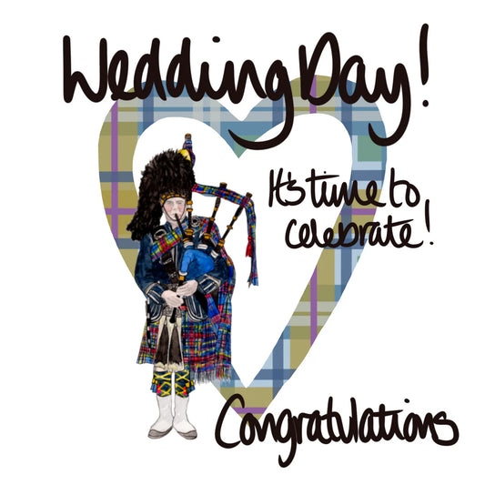 Scottish Card - Tartan Heart and Piper with 'Wedding Day It's time to celebrate Congratulations' by F&B