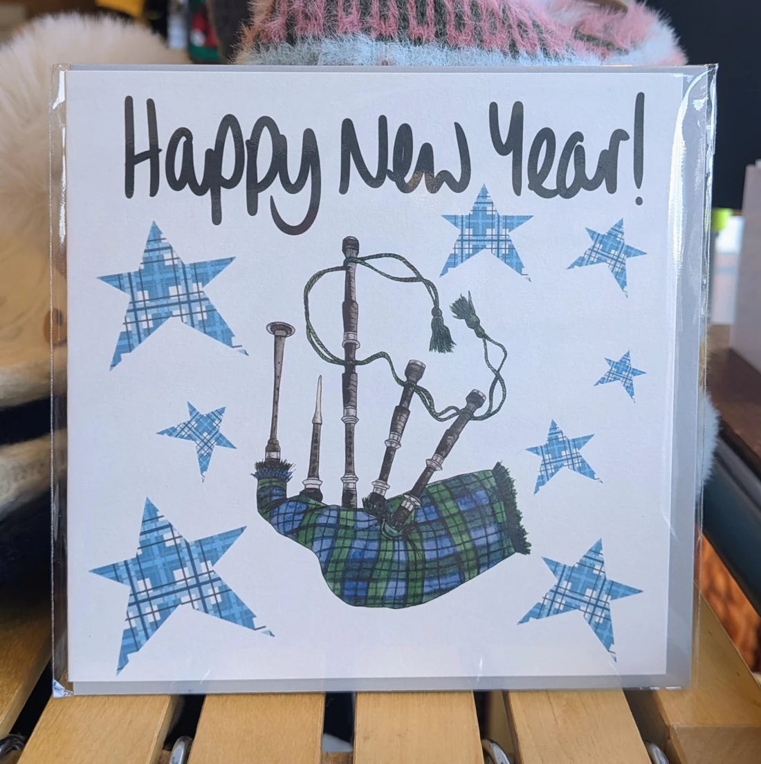 Scottish Card - Bagpipe and Tartan Stars with 'Happy New Year! by F&B Cards