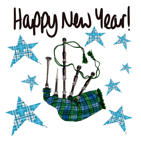 HAPPY NEW YEAR BAGPIPES + STARS CARD