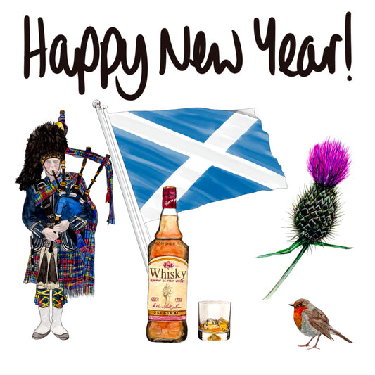 Scottish Card - Flag, Piper, Whisky, Thistle and Robin with 'Happy New Year! by F&B