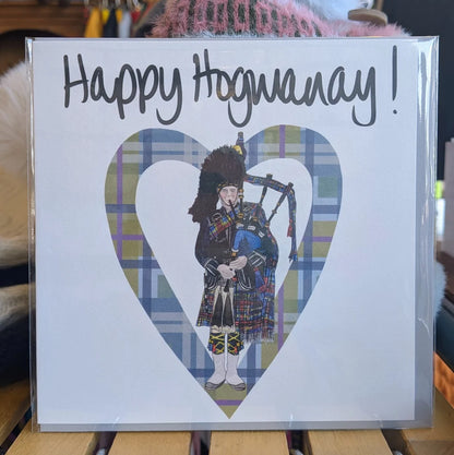 Scottish Card - Tartan Heart and Piper with 'Happy Hogmanay! by F&B