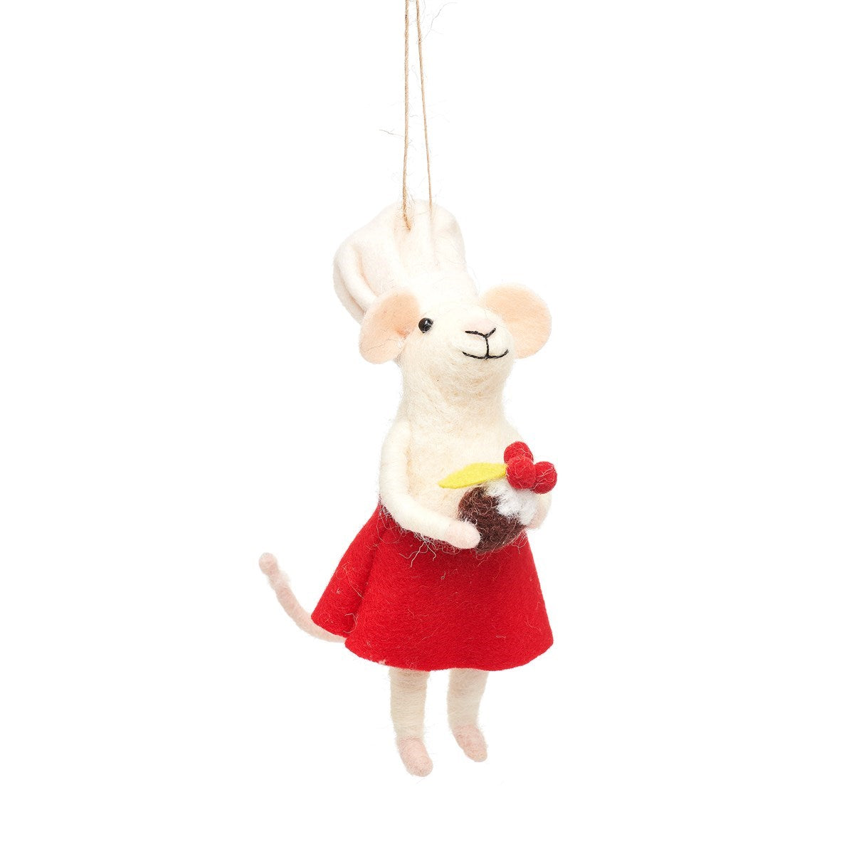 White fluffy felt mouse Christmas hanging decorations Baker with Chefs hat and Christmas Pudding 