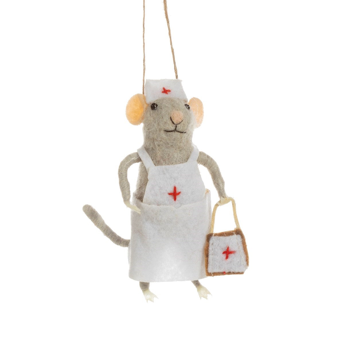 Grey fluffy felt mouse Christmas hanging decorations Nurse with Apron uniform and bag