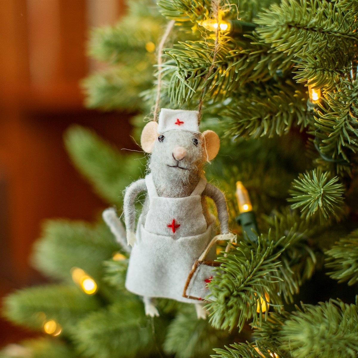 Grey fluffy felt mouse Christmas hanging decorations Nurse with Apron uniform and bag on tree