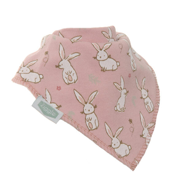 Soft pink baby bandana bib with bunny print, absorbent fleece backing and adjustable poppers