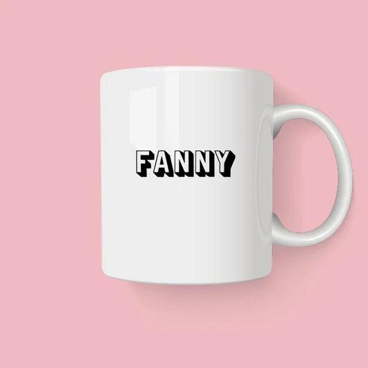 Fanny Scottish ceramic mug by Hause & Havers with bold blue typography on a white ceramic mug