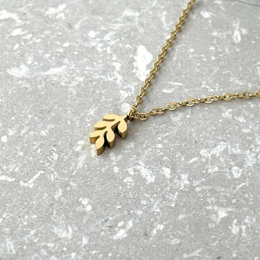 Flax Barn tarnish resistant fern necklace in PVD gold-plated stainless steel on a branded display card