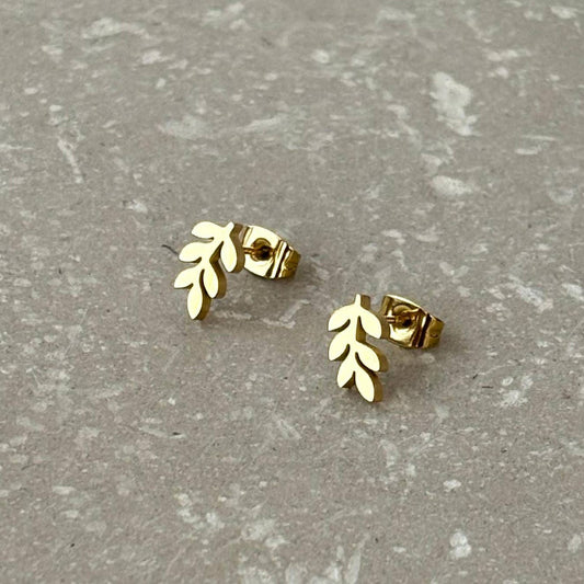 Flax Barn fern stud earrings in tarnish resistant PVD-plated stainless steel on a branded display card