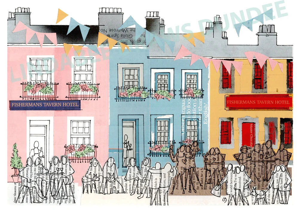 The Fisherman's Tavern art print by Lindabee Draws Dundee mounted to 16 x 12 inches featuring the historic pub