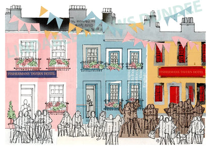The Fisherman's Tavern art print by Lindabee Draws Dundee mounted to 16 x 12 inches featuring the historic pub
