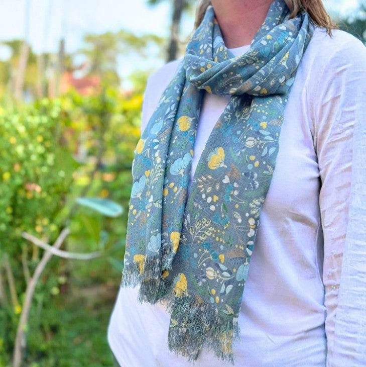 Earth Squared Floral meadow printed viscose scarf 180 x 70 cm lightweight botanical design