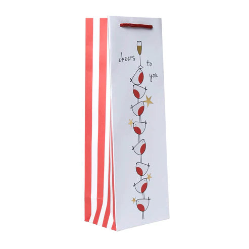 A luxury eco-friendly bottle gift bag with a Belly Button Design, woven paper handles and gift tag.