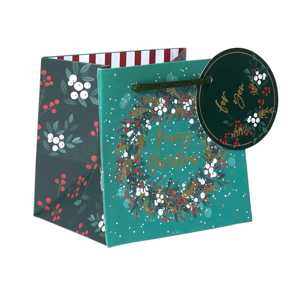 Luxury small mug gift bag with a Belly Button Design, woven paper handles, and gift tags. 