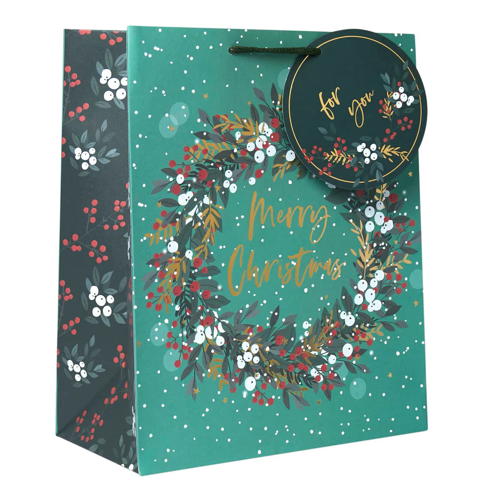 Luxury portrait gift bag with a Belly Button Design, woven paper handles, and gift tags. 