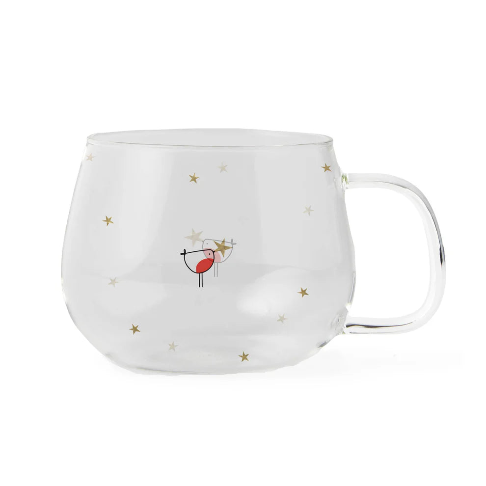 An elegant borosilicate glass mug with a wrap-around robin design and a metallic gold finish, supplied in a gift box. 