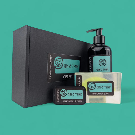 Gin & Tonic vegan gift set with liquid soap, handmade soap and lip balm, handmade in Glasgow with citrus and herbal scent.