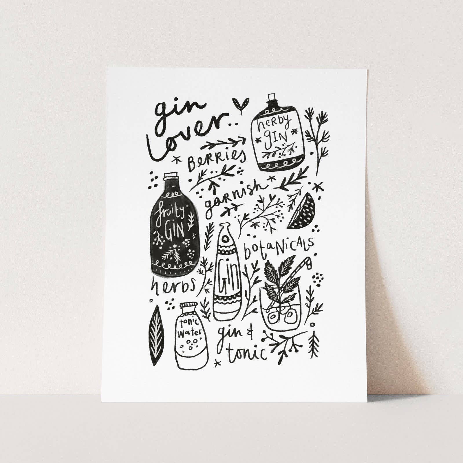 Gin and Tonic recipe A4 typographic wall art print on textured 300gsm card for gin lovers and home bars