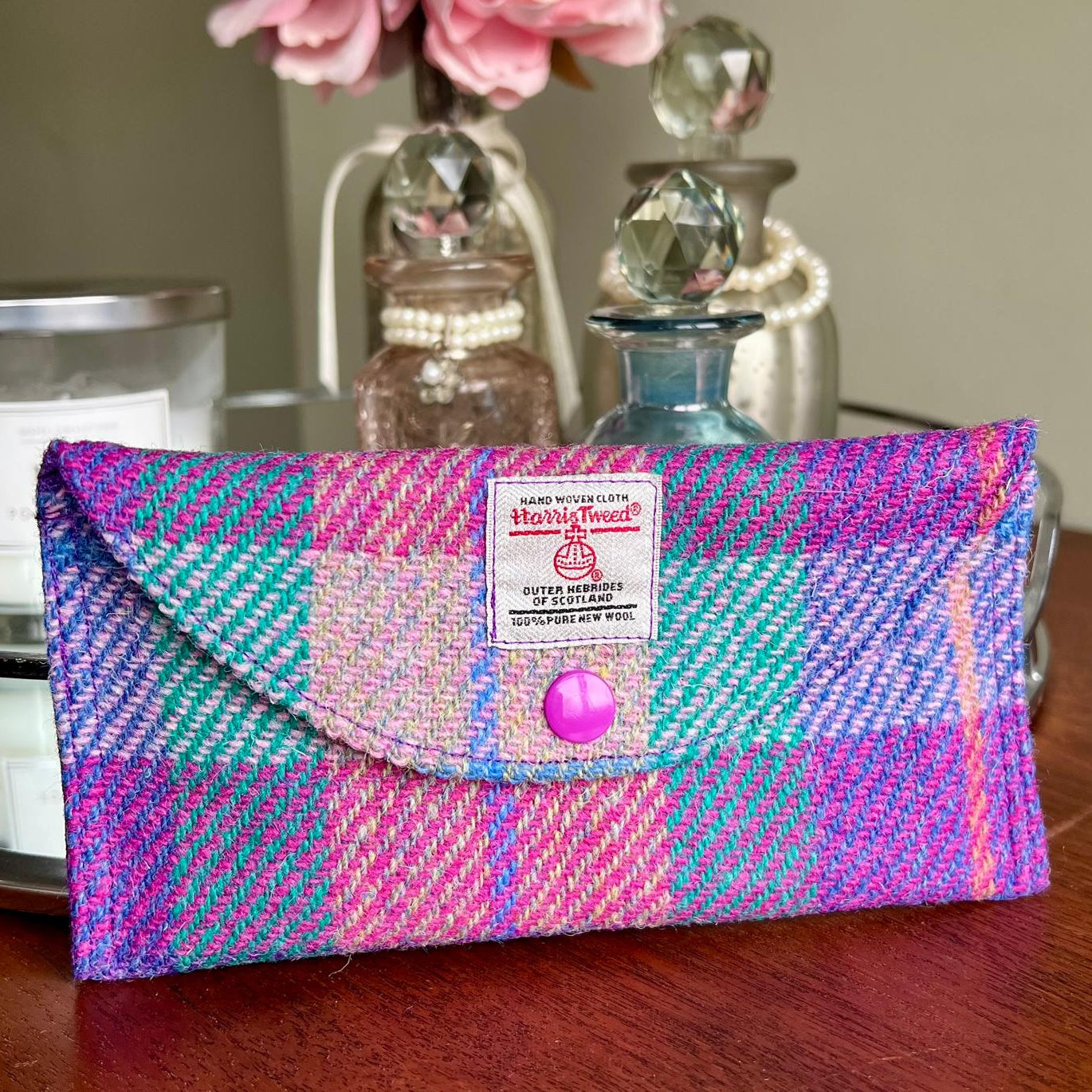 Harris Tweed glasses case soft pouch handmade with stud fastening