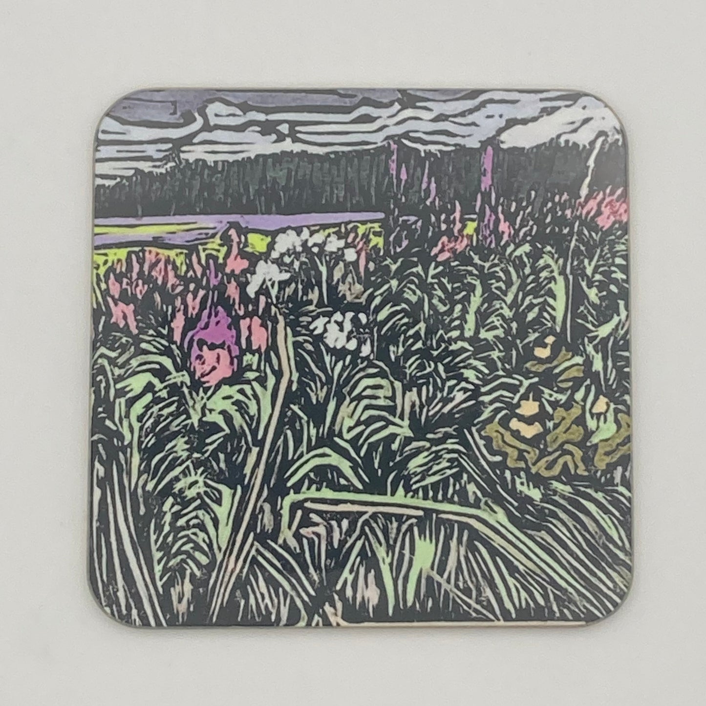 Hardwood coaster with BeeBirds Lavender and Fireweed on Glen Clova lino print artwork