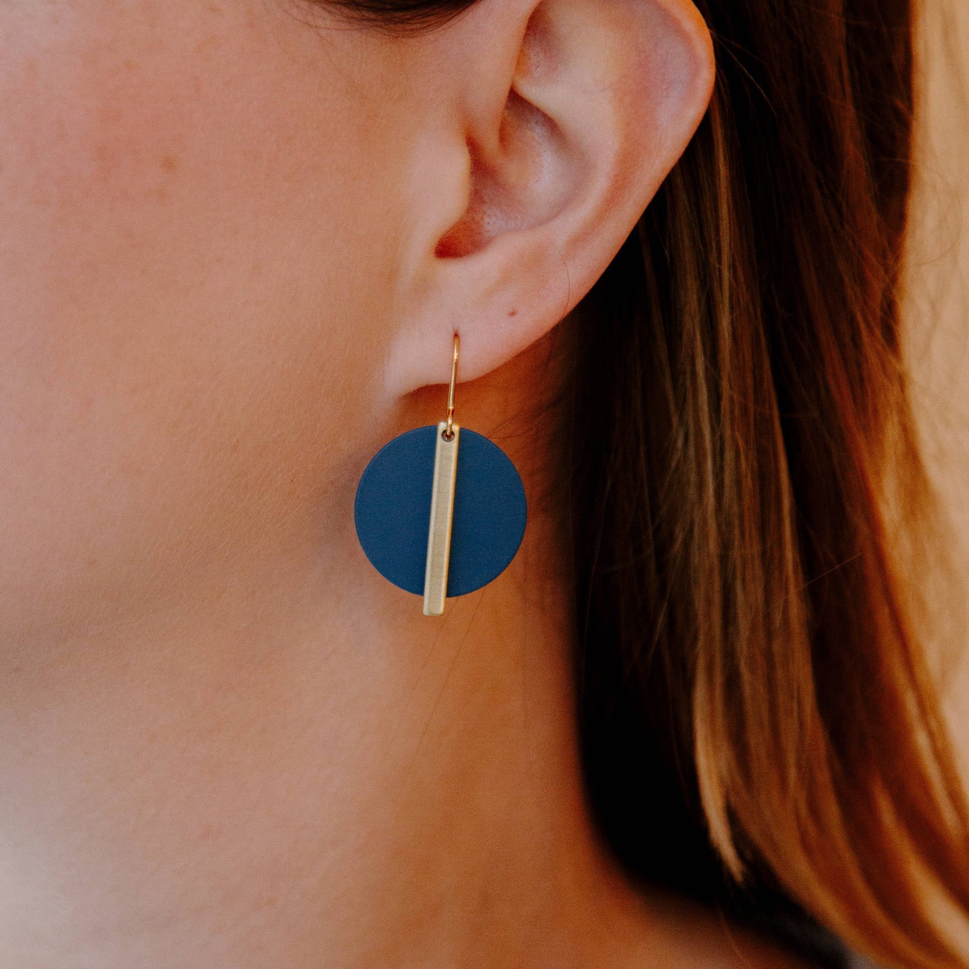 Copper Bee Gold Bar and Colour Disc Earrings with gold-plated bars and colourful powder-coated geometric discs