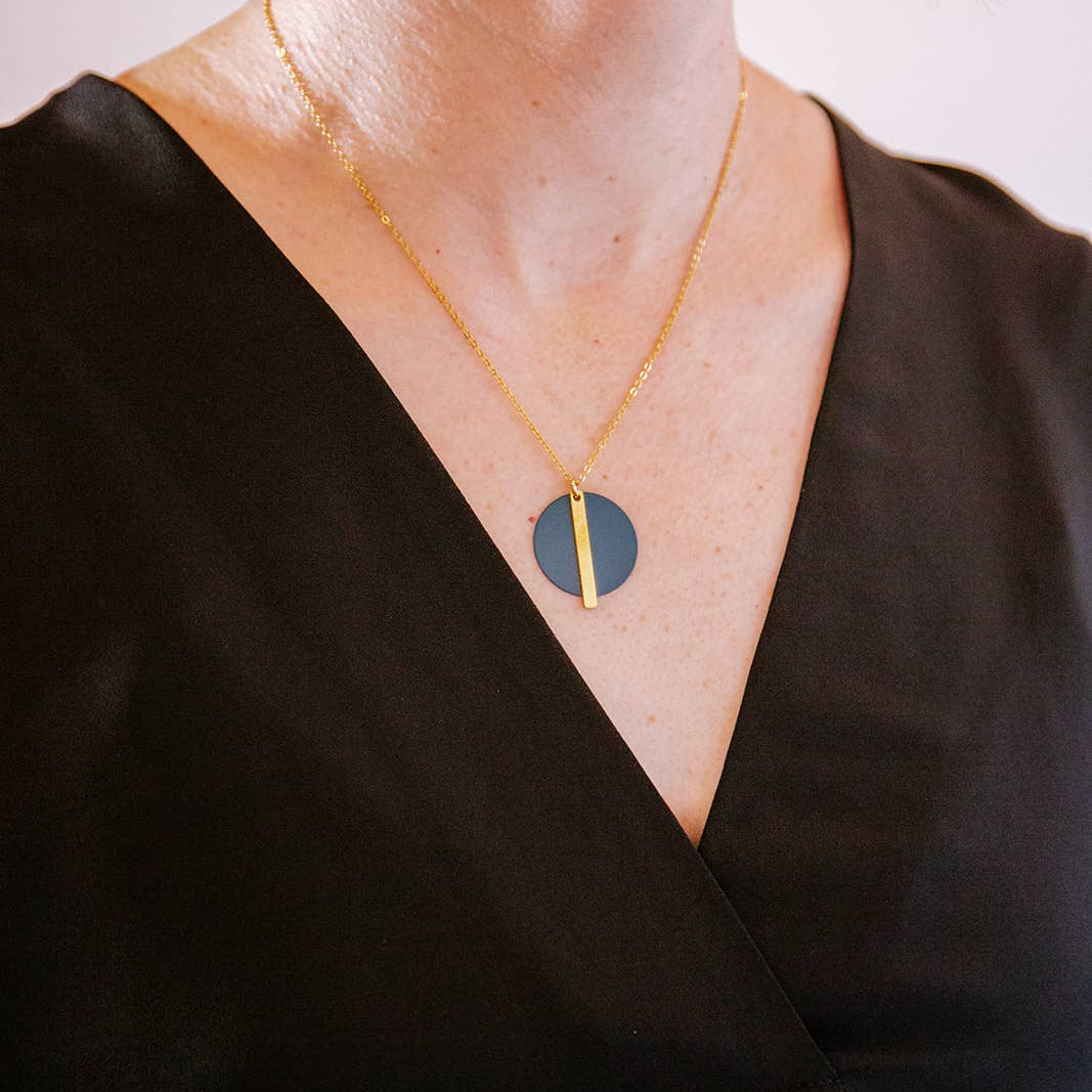 Copper Bee Colour Disc and Gold Bar Necklace with matte powder-coated disc and gold-plated geometric bar