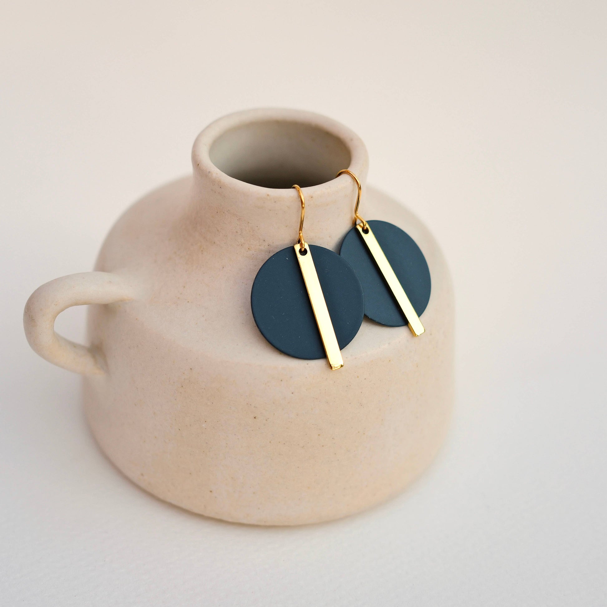 Copper Bee Gold Bar and Colour Disc Earrings with gold-plated bars and colourful powder-coated geometric discs