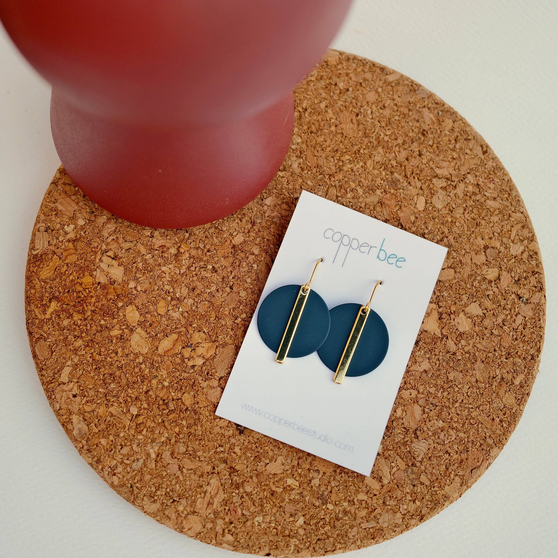 Copper Bee Gold Bar and Colour Disc Earrings with gold-plated bars and colourful powder-coated geometric discs