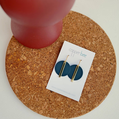 Copper Bee Gold Bar and Colour Disc Earrings with gold-plated bars and colourful powder-coated geometric discs