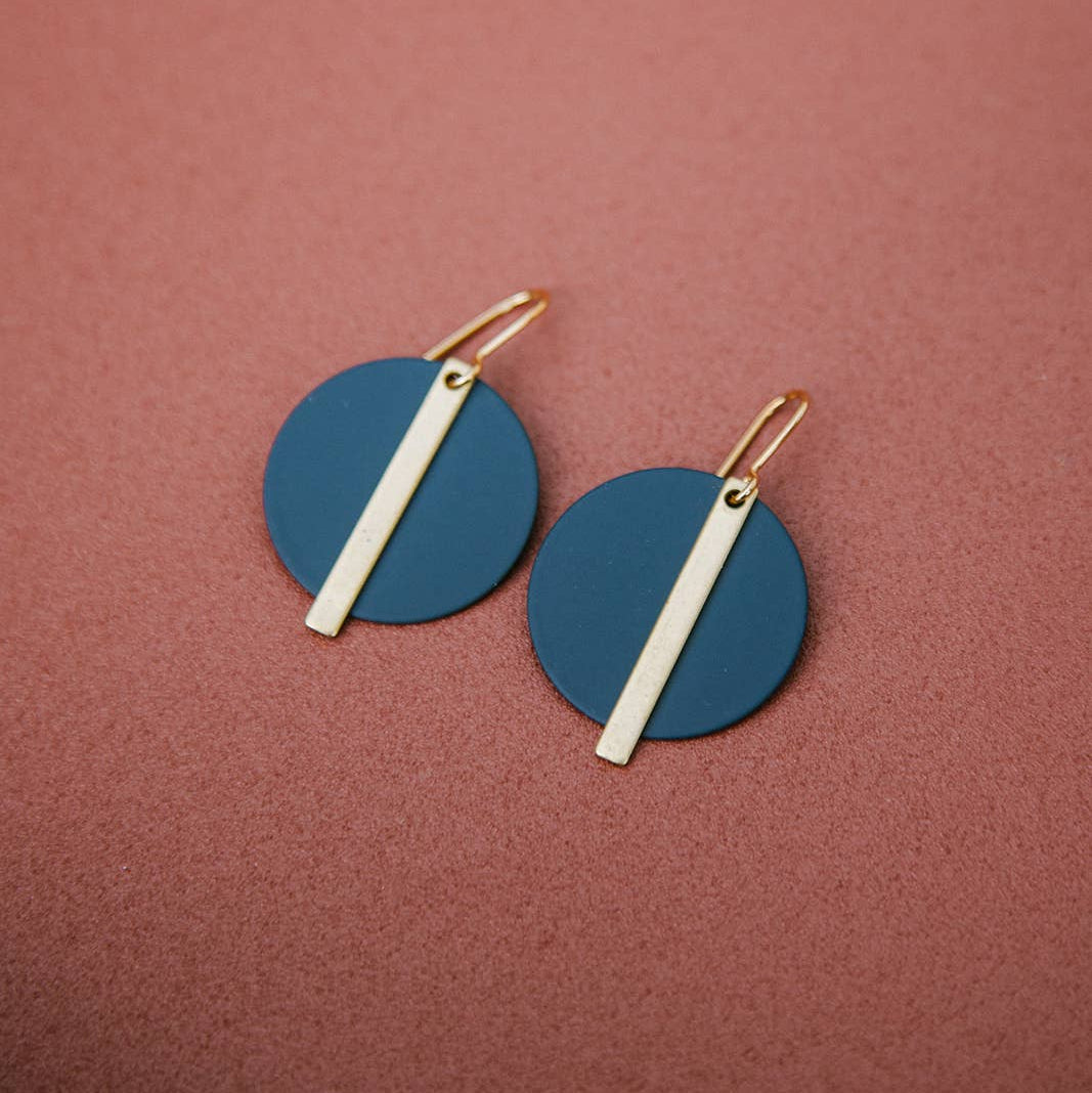 Copper Bee Gold Bar and Colour Disc Earrings with gold-plated bars and colourful powder-coated geometric discs
