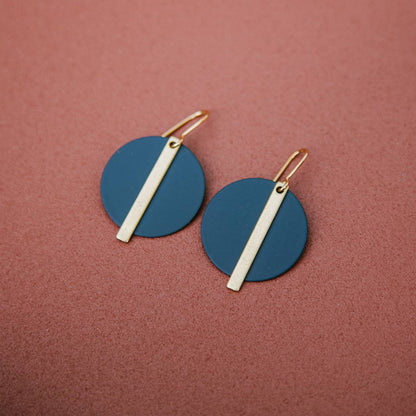 Copper Bee Gold Bar and Colour Disc Earrings with gold-plated bars and colourful powder-coated geometric discs