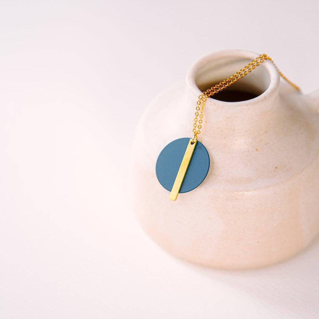 Copper Bee Colour Disc and Gold Bar Necklace with matte powder-coated disc and gold-plated geometric bar