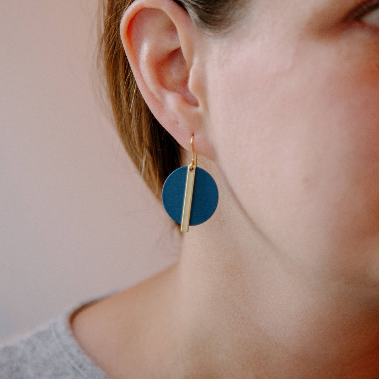 Copper Bee Gold Bar and Colour Disc Earrings with gold-plated bars and colourful powder-coated geometric discs