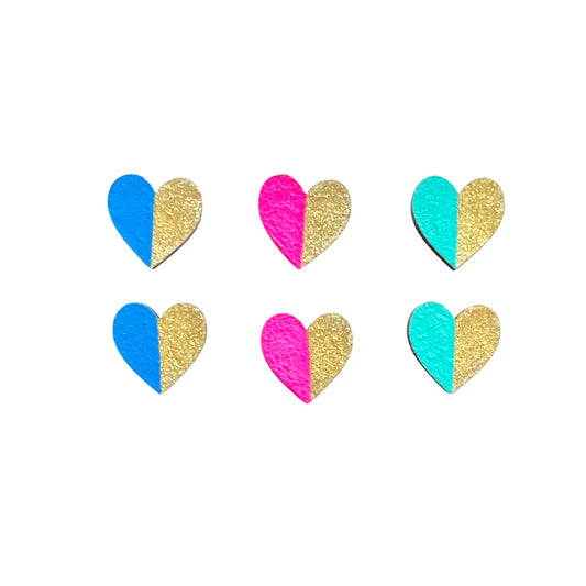 Gold Edge Bright Handpainted Wooden Heart Stud Earring Set