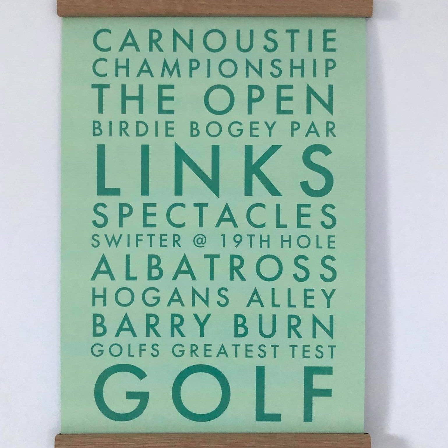 Carnoustie Golf print by local Aaron Law featuring a graphic interpretation of familiar Carnoustie golfing landmarks