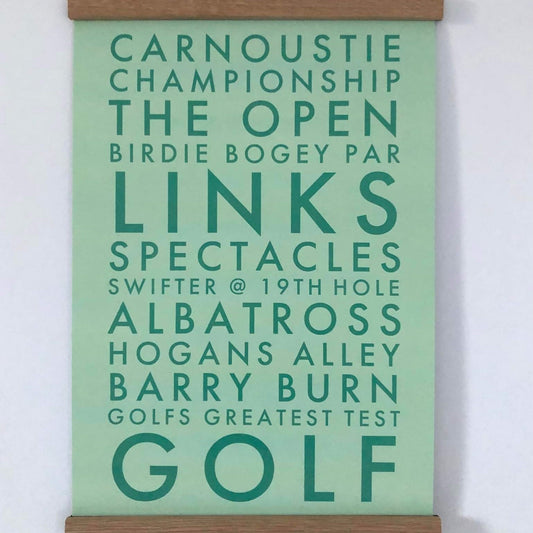 Carnoustie Golf print by local Aaron Law featuring a graphic interpretation of familiar Carnoustie golfing landmarks