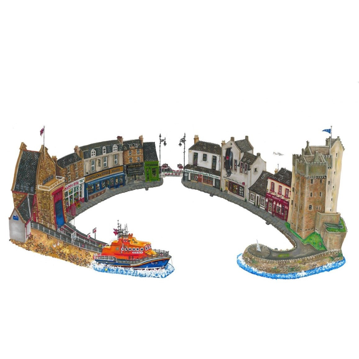 Signed A3 giclée print of Gray Street and Broughty Ferry shops, Broughty Castle and the lifeboat by artist Nicola Kleppang.