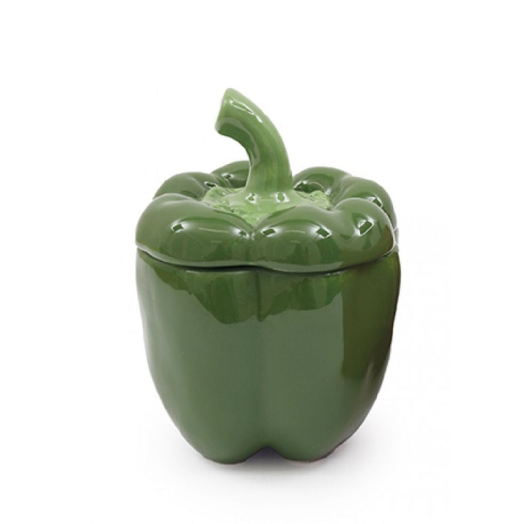 Pepper-shaped kitchen storage pot in green for storing dry ingredients and countertop organisation