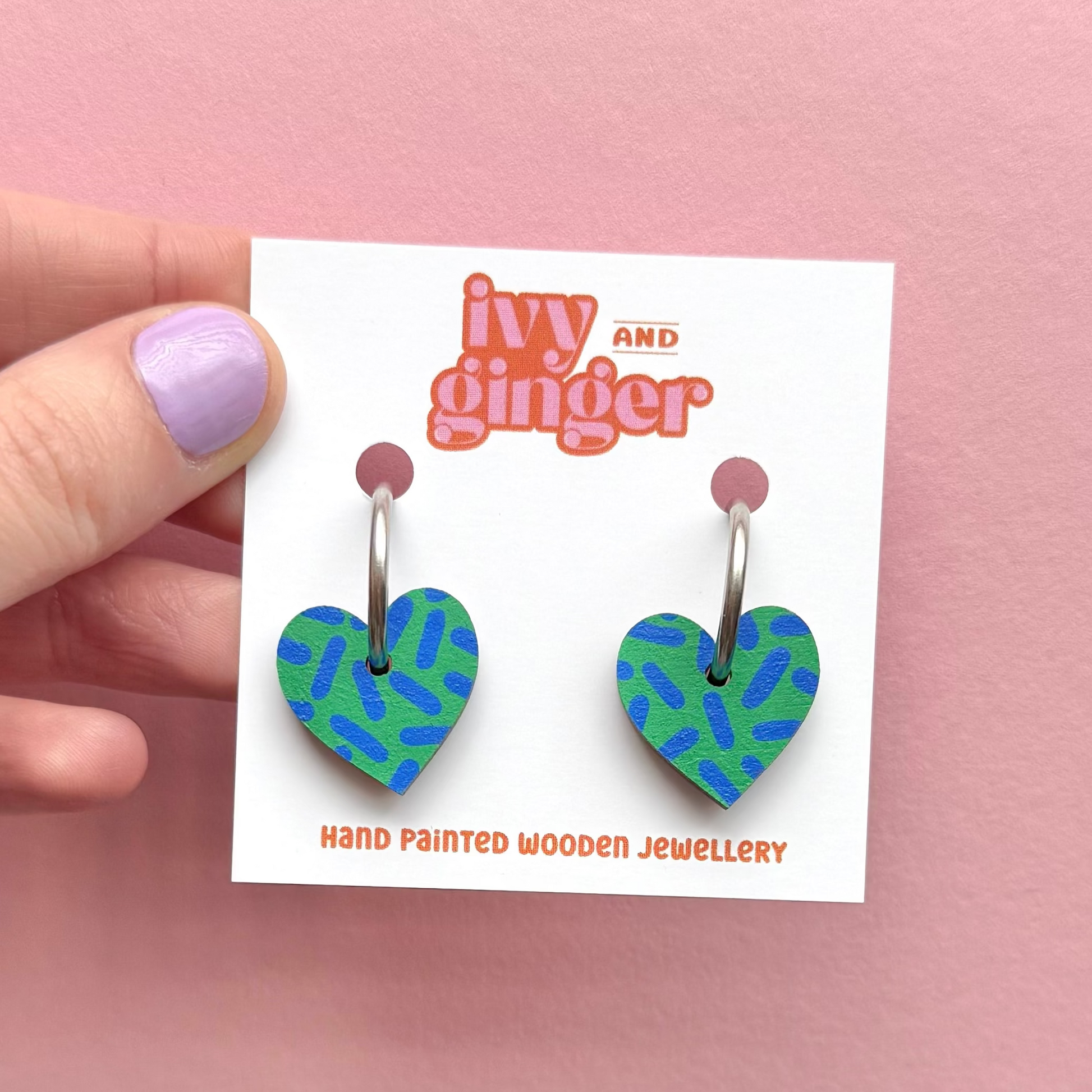 Green and blue heart hoop earrings by Ivy and Ginger hand painted FSC wood jewellery