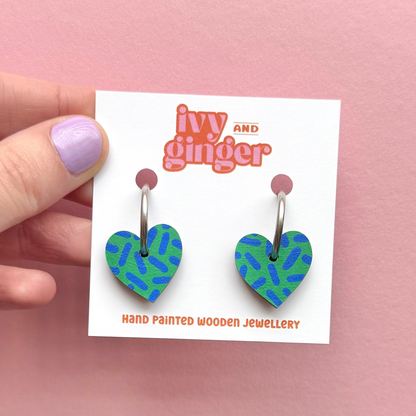 Green and blue heart hoop earrings by Ivy and Ginger hand painted FSC wood jewellery