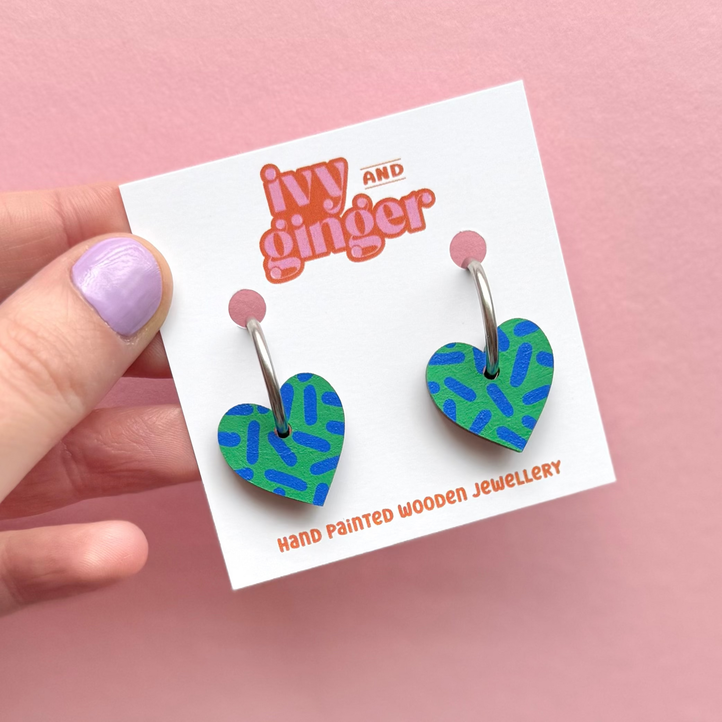 Green and blue heart hoop earrings by Ivy and Ginger hand painted FSC wood jewellery