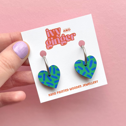 Green and blue heart hoop earrings by Ivy and Ginger hand painted FSC wood jewellery