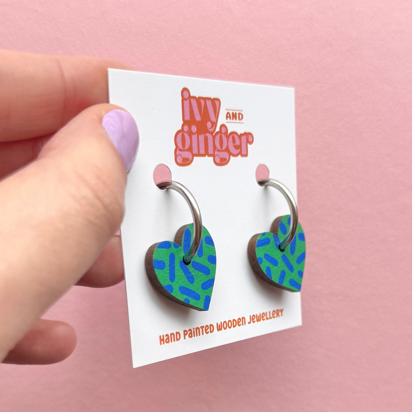Green and blue heart hoop earrings by Ivy and Ginger hand painted FSC wood jewellery