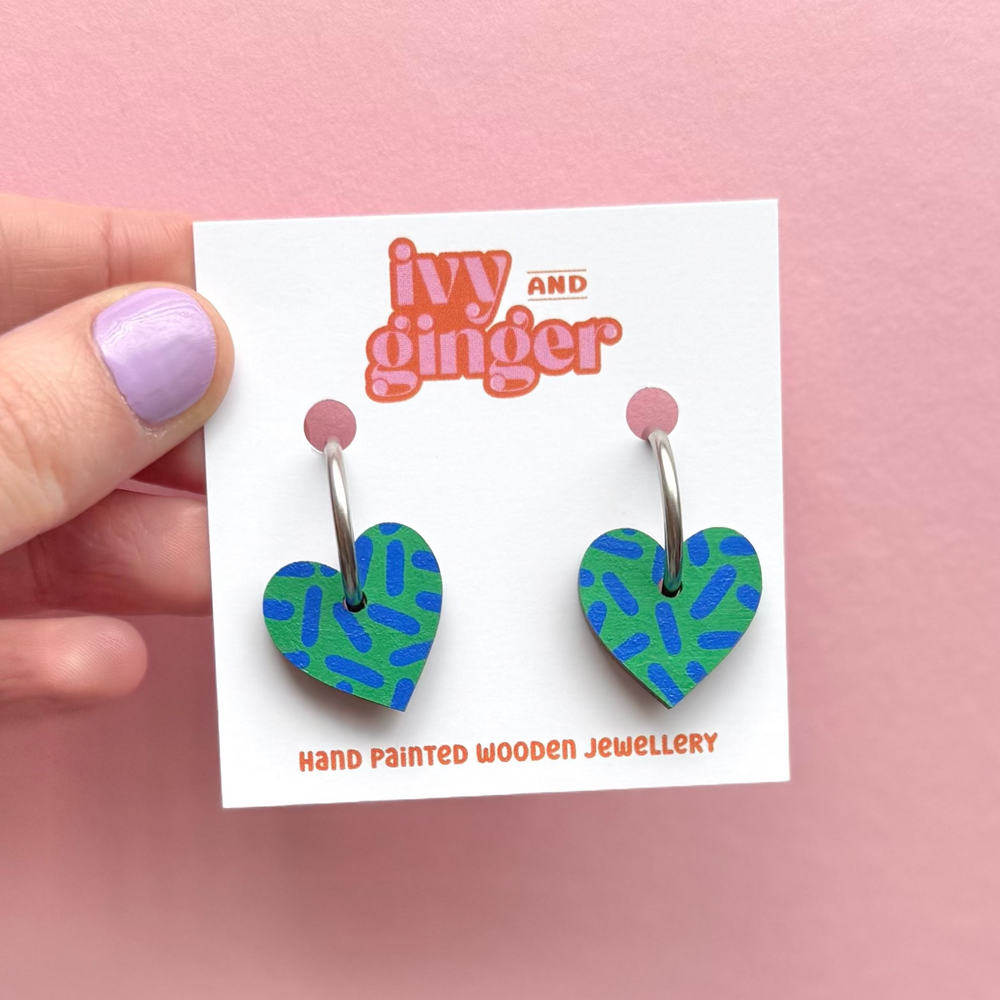 GREEN + BLUE DASH PRINT HEART HOOPS